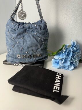 CHANEL Washed Denim Quilted Studded Mini Chanel 22 Blue